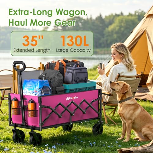 Blomoba 35" Extra Long Folding Wagon with Adjustable Handle & Wheels, Pink - color: Pink