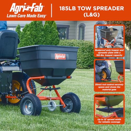 Agri-Fab Tow Behind Broadcast Spreader for Seed, Fertilizer, Salt and Ice Melt, 185 lb Capacity Lawn and Garden Spreader with 12 Ft Spread Width - style: 185 lb. Direct Rod Control Tow-Behind Lawn and Garden Spreader