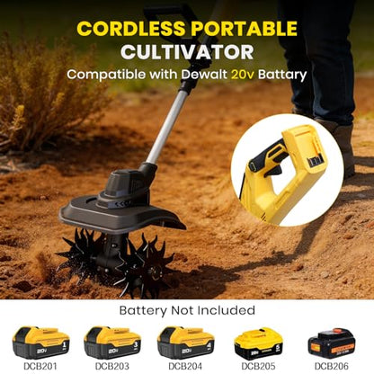 Cordless Tiller Cultivator Compatible with Dewalt 20V Battery(Tool Only), 9-Inch Tilling Width, 6.6-Inch Depth 360RPM Electric Brushless Tiller Garden Rototiller for Lawn/Gardening/Soil Cultivation