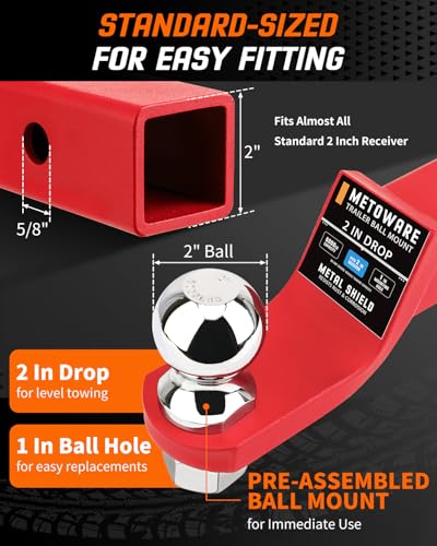 METOWARE Trailer Hitch Ball Mount 2" Drop Fits 2" Receiver, 6000Lbs GTW - color: Red, size: 2" Drop