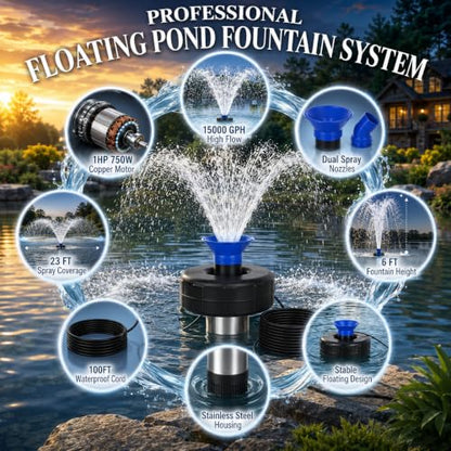 1HP Farm Pond Fountain Pump 15000 GPH with Timer, 100FT Cord