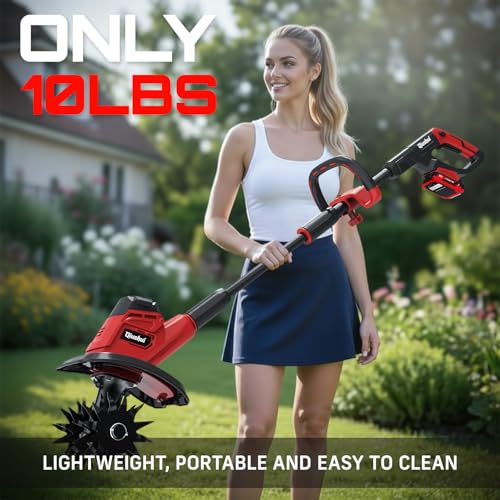 21V Cordless Tiller Cultivator, Lightweight 360RPM Electric Garden Tiller with 2 * 2.0Ah Batteries, 9" Width, 6.6" Depth, 48 Steel Tines Mini Rototiller for Weeding, Gardening & Soil Cultivation Red