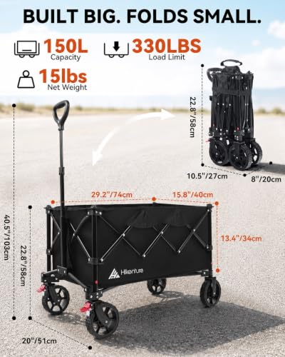 Hikenture Wagons Carts Foldable 330LBS, Heavy Duty Collapsible Wagon - color: Black, size: 5.3 cu ft / 150 L