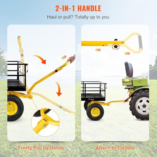 Steel Garden Cart, 2-in-1 600 lbs Heavy Duty Utility Wagon, with Removable Mesh Sides to Convert into Flatbed, 240° U-Turn 10" Pneumatic Tires Garden Wagon for Farm Yard Lawn Garden Camping (Yellow) - color: Yellow