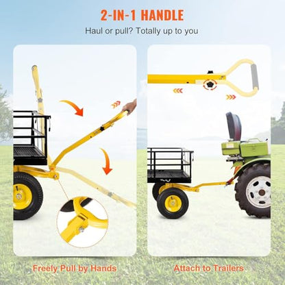 Steel Garden Cart, 2-in-1 600 lbs Heavy Duty Utility Wagon, with Removable Mesh Sides to Convert into Flatbed, 240° U-Turn 10" Pneumatic Tires Garden Wagon for Farm Yard Lawn Garden Camping (Yellow) - color: Yellow