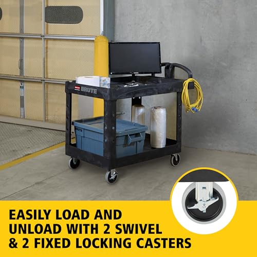 Rubbermaid Commercial Products BRUTE Heavy Duty 2-Shelf Utility/Service Cart, Medium, Lipped Shelves, Ergonomic Handle, 750 lb Capacity, Black, for Warehouse/Garage/Cleaning/Office - color: Black, size: Large, style: 2-Shelf