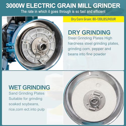 NAIZEA Grain Mills Wet Dry Cereals Grinder, Electric Corn Grain Mill Grinders, Heavy Duty 3000W 110V Commercial Grain Machine, Wheat Feed Flour Mill with Funnel (Dry & Wet Grinder) - color: Dry & Wet Teal