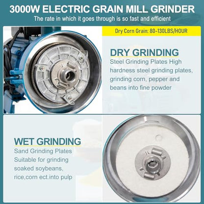NAIZEA Grain Mills Wet Dry Cereals Grinder, Electric Corn Grain Mill Grinders, Heavy Duty 3000W 110V Commercial Grain Machine, Wheat Feed Flour Mill with Funnel (Dry & Wet Grinder) - color: Dry & Wet Teal
