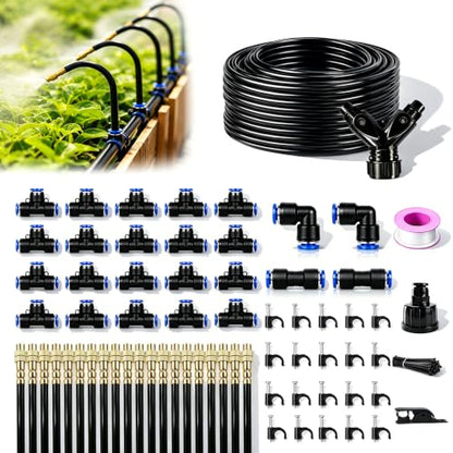 5/16" Drip Irrigation System 100 ft for with 20-Pcs 360° Adjustable Copper Nozzles for Garden, Automatic Misting Watering Sprinkler System Raised Beds, Greenhouse (100ft+20 nozzles) - size: 100ft+20 nozzles
