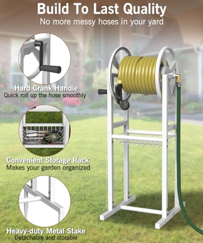 Garbuildman Ground Mount Garden Hose Reel Holds 125 Feet of 5/8-Inch with 3.9 ft Leader Hose, Brass Fitting, Water Hose Holder Stand with Storage Rack & 4 Spikes Base for Outdoor Lawn, White - color: White