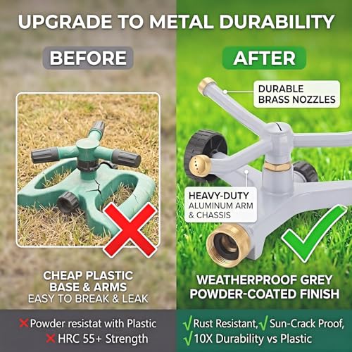 Ehajia 360° Rotating Lawn Sprinkler Heavy Duty Metal 3 Arm Wheeled Base - color: Silver