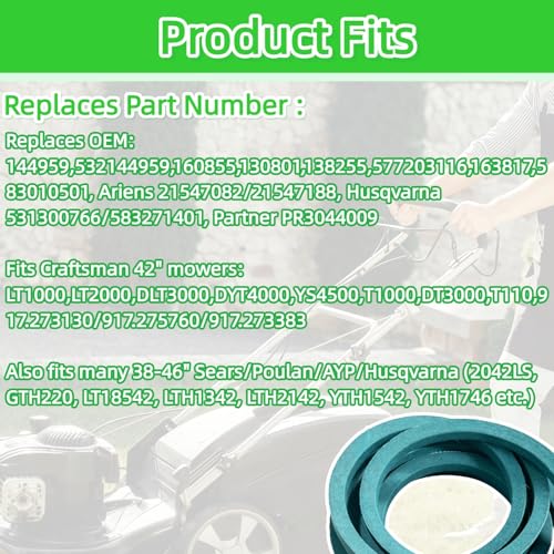 144959 Mower Deck Belt, 1/2" x 95", Replacement for 138255 532144959 532138255, Fits Craftsman LT1000 LT2000 LT3000 DYT4000, 42 Inch Deck Riding Mowers, Compatible with Husqvarna Poulan AYP - size: 144959