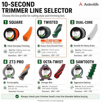 Anleolife .095" 3-Layer Twisted String Trimmer Line for Weeds, 1181ft 3 lb - color: 3-lb Twisted .095