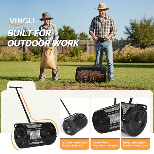 VINGLI Compost Spreader, 30 inch Peat Moss Spreader with Height Adjustable Handle, T Shaped Handle Peat Moss Roller, Seed Spreader for Lawn Backyard Outdoor (30"-Black) - size: 30"-Black