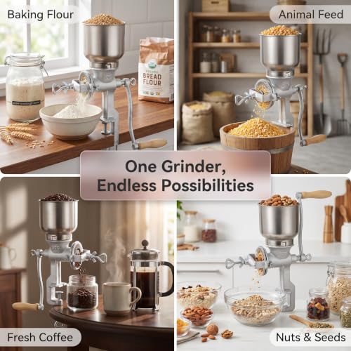Manual Grain Mill, 7.5lb Cast Iron Flour Mill Grinder (Silver）