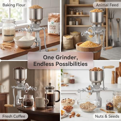 Manual Grain Mill, 7.5lb Cast Iron Flour Mill Grinder (Silver）