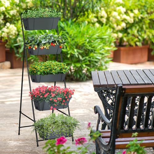 Raised Garden Bed 5 Tier Vertical Planter Standing Herb Garden Elevated Box With Drainage Holes Tall Planters for Outdoor Plants Vegetables Flowers Grey - color: Gray