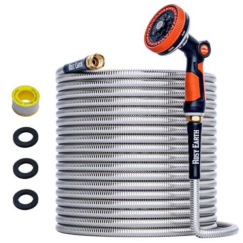 Rosy Earth 125ft Stainless Steel Garden Hose, Heavy Duty Metal Water Hose with 9 Functional Ultra-Wide Nozzle, No-Kink Outdoor Hoses Flexible Tough Water Hose Sprayer for Yard, RV - size: 125FT