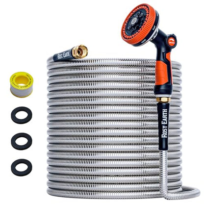 Rosy Earth 125ft Stainless Steel Garden Hose, Heavy Duty Metal Water Hose with 9 Functional Ultra-Wide Nozzle, No-Kink Outdoor Hoses Flexible Tough Water Hose Sprayer for Yard, RV - size: 125FT
