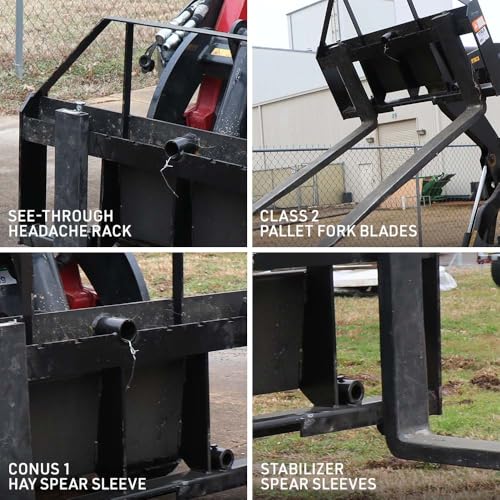 Titan Attachments Mini Skid Steer Pallet Fork Frame, Universal SSQA Connection, Rated 4,000 LB, C2 Hay Spear & Stabilizer Spear Sleeves Included - style: Frame Only