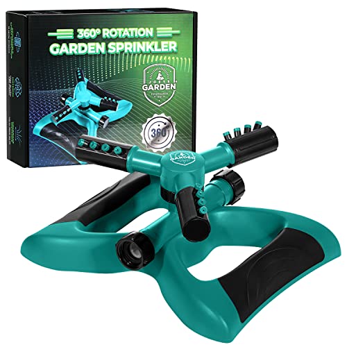 Joeys Sprinkler for Yard, Rotating Garden Sprinkler with 3 Adjustable Arms, Weighted Base, Expandable Connection, Lawn and Yard Sprinklers (Green) - color: GREEN