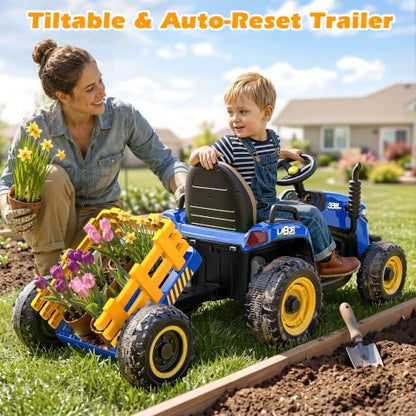 ARBELI 12V 7AH Kids Ride On Tractor w/Trailer & Remote Control, Blue - color: Blue