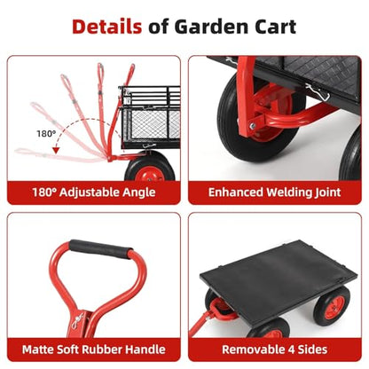 Heavy Duty Garden Utility Cart for Yard Lawn Farm - 880 Lbs Capacity Steel Construction with 10" Off-Road Tires & Removable Mesh Sides, 180° Rotating Handle - All Terrain Outdoor Hauler