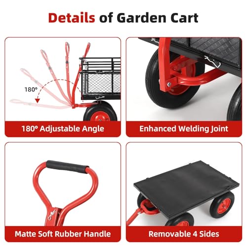 Steel Garden Cart Heavy Duty – 1400lbs Capacity 3-in-1 Utility Wagon with Removable Mesh Sides, 16" All-Terrain Wheels, 2-in-1 Rotating Handle, Multipurpose for Yard, Farm, Landscaping,