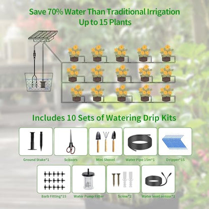 49FT Solar Drip Irrigation System Kit, Auto Watering for 15 Pots - size: 49FT Irrigation System-15 Pot