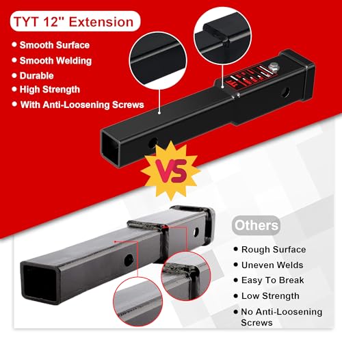 TYT 12-Inch Hitch Extender for 2" Receiver, Trailer Hitch Extension - size: 12'' Extender with 2 pin