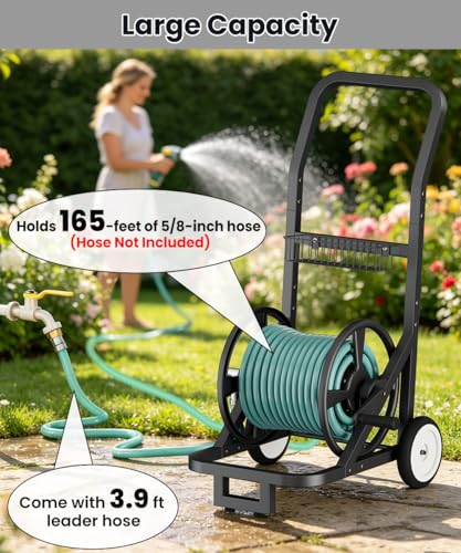 Artigarden Garden Hose Reel Cart with Wheels, Outdoor Water Hose Cart Black - color: Black, size: Holds 165 ft