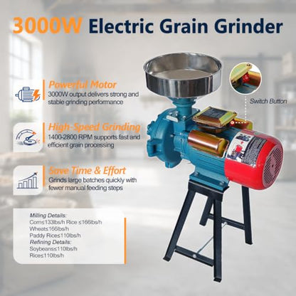 3000W Electric Grain Mill, 110V Corn Wheat Rice Grinder, 2800 RPM
