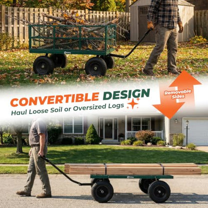Sekey 1600 lbs Heavy Duty Steel Garden Cart for Farm & Construction, 12 Cu.Ft. Extra-Large Utility Wagon with Removable Sides, 2-in-1 Towable Handle, 13" Rubber Tires, Green - color: Green, size: 1600LBS