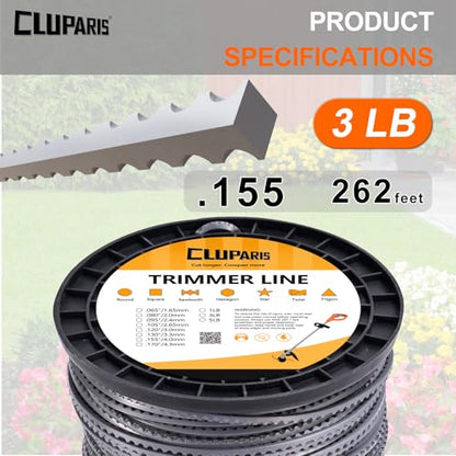 Cluparis .155" Sawtooth Trimmer Line (3 lb, 262 ft) – Commercial Heavy Duty Nylon Weed Eater String for Brush Cutters – Universal Fit with Included Line Cutter, Grey - size: 0.155 In - 262 Ft.