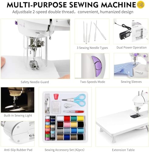 Magicfly Mini Sewing Machine with Extension Table, Dual Speed Portable Sewing Machine for Beginners with Light, Sewing Kit for Household Use, White - color: White
