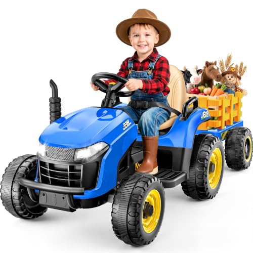 ARBELI 12V 7AH Kids Ride On Tractor w/Trailer & Remote Control, Blue - color: Blue