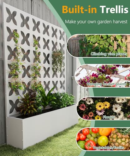 2PCS Metal Planter Box with Trellis,70.9"x47.2"x15.7" Raised Garden Bed with Drainage Holes, Privacy Planters for Outdoor Garden Bed for Climbing Plants,Vegetables,and Vines, White-X - color: White