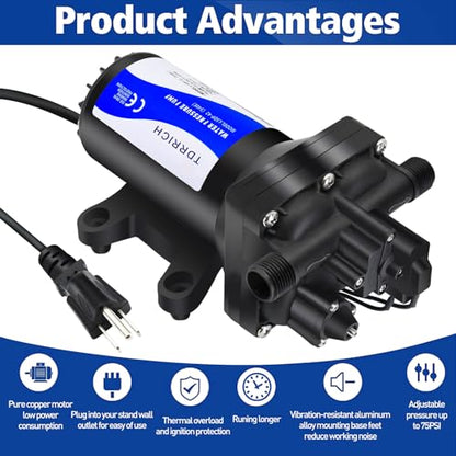 TDRRICH Water Pressure Booster Pump for House，110V RV Water Transfer 5.5GPM 30PSI-75PSI Self-priming Pump,Diaphragm Power Water Pumps for Boats Inline Garden Hose Lawn Camper Sprinkler Irrigation - style: 110V 5.5GPM 75PSI