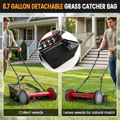 IRONMAX 18 Inch 5-Blade Push Reel Mower, Removable Grass Catcher, Red - color: Red, size: 18 Inch