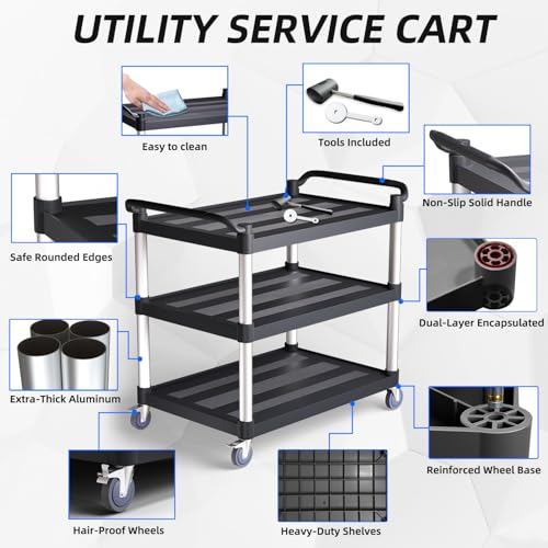 Utility Cart with Tangle-Free Wheels, Large Size 3 Tier Restaurant Cart - size: 40"×20"×38" L