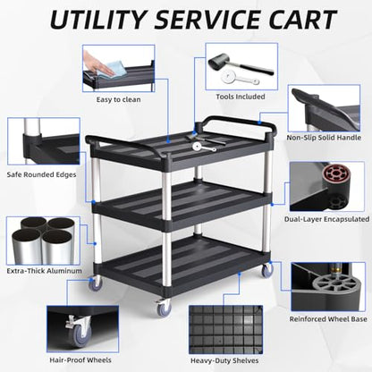 Utility Cart with Tangle-Free Wheels, Large Size 3 Tier Restaurant Cart - size: 40"×20"×38" L