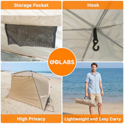 Golabs BT1 Pop up Beach Tent for 3 Person, 1-Min Setup by Pre-Attached Pole - color: CAMEL