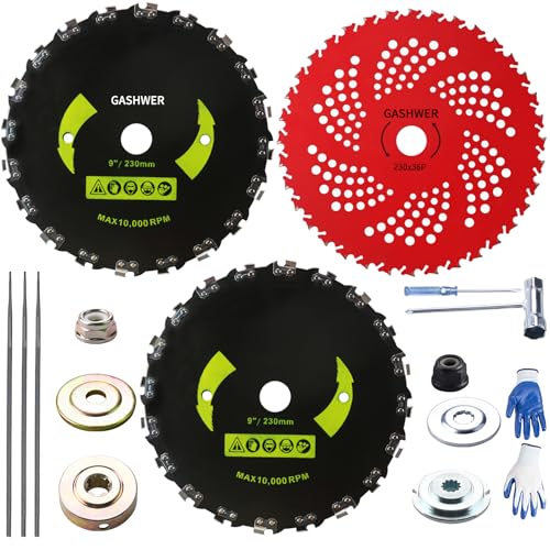9"x20 Teeth Steel Round Brush Blades Carbon Chainsaw 9"x36T Cutter Weed Eater Blades - Universal Adapter Kit with 3 Round Files Compatible with Brush Cutter, Trimmer, Weed Eater, Stihl, Husqvarna, Ego - size: 2set 9"x20T+9"x36T