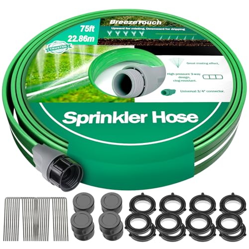 75FT Three-Tube Flat Sprinkler Hose with Holes with U-Shaped Stakes - size: 75FT