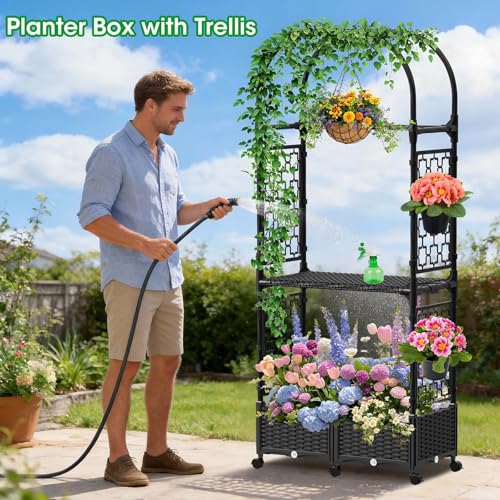 Planter Box with Trellis,5.9ft/71in Self Watering Raised Garden Bed with Wheels and Storage Shelf,Drainage Holes,for Flower Rattan Vines Plant Climbing Tomato Vegetable Indoor Outdoor Garden Patio