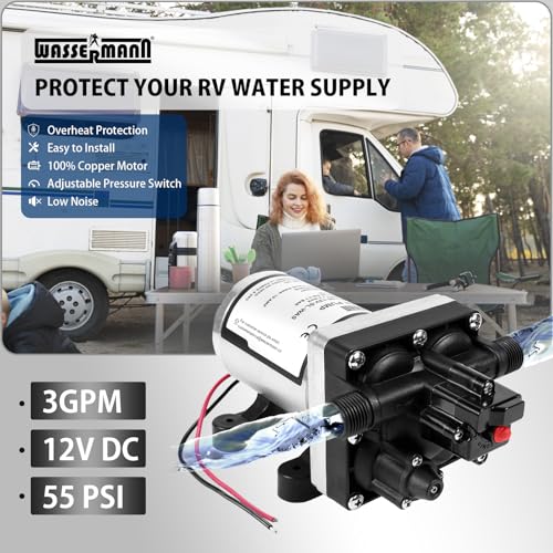 WASSERMANN RV Water Pump 12V DC 4008-101-A65/E65 Replacement, 3.0 GPM 55PSI, Quiet Water Pump for Camper RV Shower Garden Industrial Yacht Sprayer Food Truck Travel Trailer Water Pumps with Acessories - color: White04