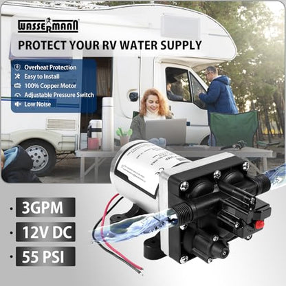 WASSERMANN RV Water Pump 12V DC 4008-101-A65/E65 Replacement, 3.0 GPM 55PSI, Quiet Water Pump for Camper RV Shower Garden Industrial Yacht Sprayer Food Truck Travel Trailer Water Pumps with Acessories - color: White04