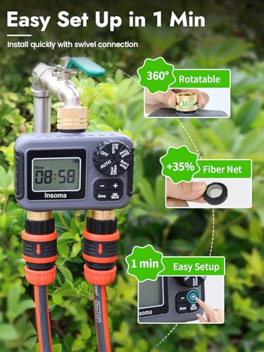 Insoma 2-Zone Water Timer Brass Inlet/Outlet, Programmable Outdoor Hose Faucet Timers with Auto/Manual Modes + Rain Delay, Waterproof Sprinkler Timer for Garden, Lawn, Yard, Pool | Save Water & Money - size: 2 Zone-Brass Inlet Outlet