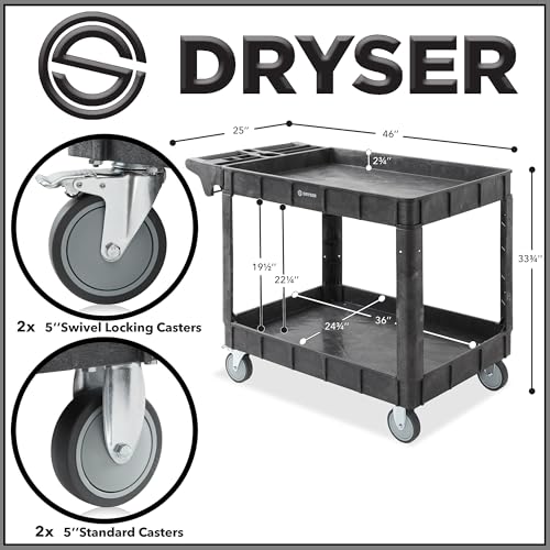 Dryser Utility Cart with Wheels, 46" x 25" Heavy Duty 550 lb. Capacity with Shelves - 2 Tier Rolling Cart with Two 5" Swivel Casters for Warehouse, Garage, Cleaning - size: 2 Shelves 2 Swivel 46x25