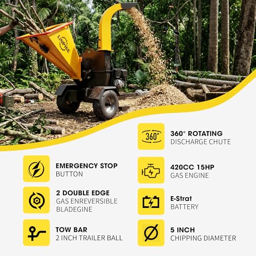 Wood Chipper 420cc 15 HP Gas Powered Engine Wood Chipper Shredder Mulcher with E-Strat 4Wheels Towbar Tail Light Emergency Stop Switch (5'' Yellow) - size: 5'' Yellow